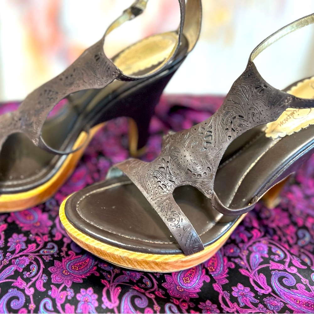 Brown leather western-inspired wedge sandals